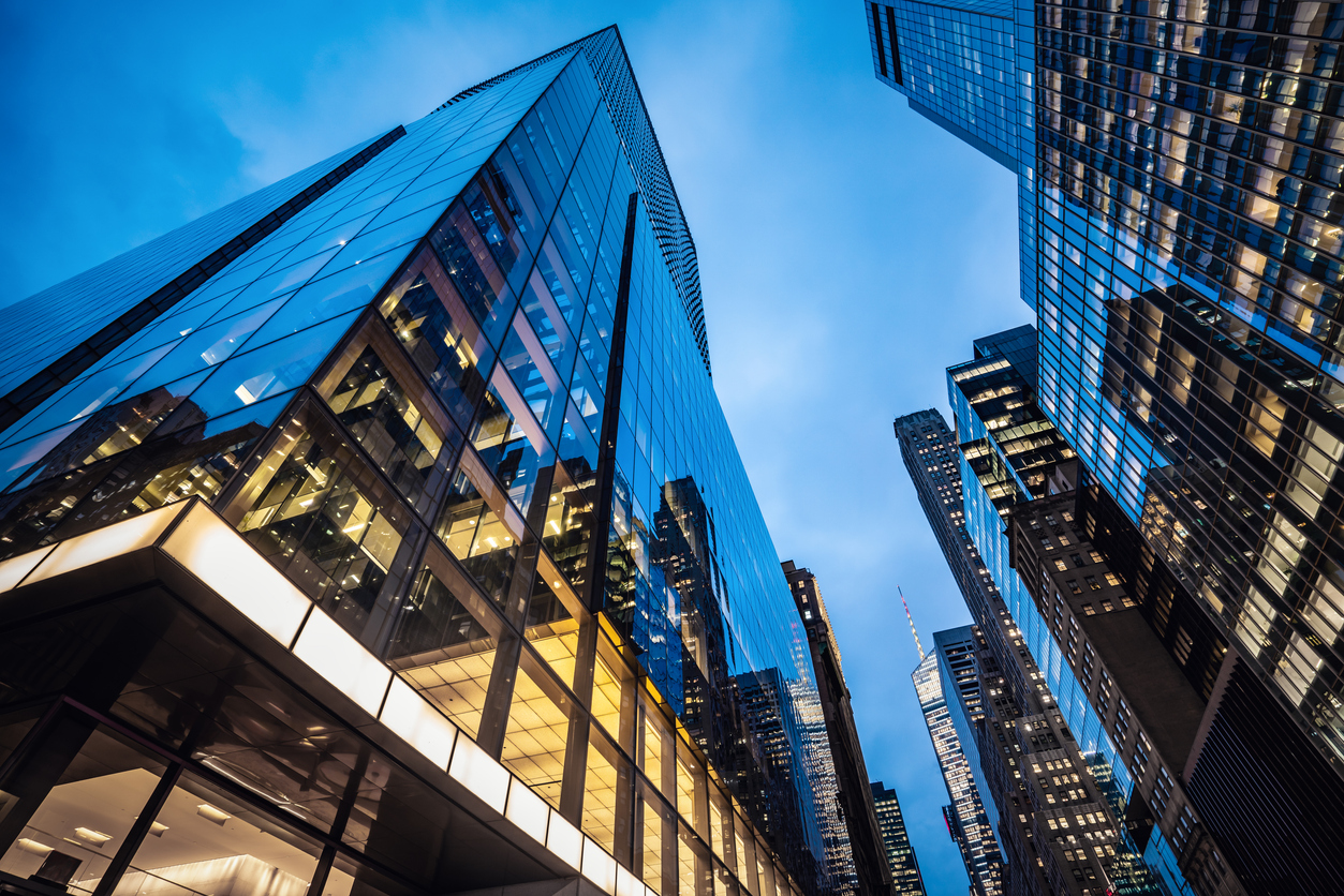 Futuristic skyscrapers at dusk