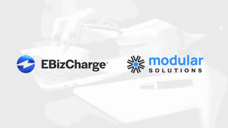 EBizCharge logo next to Modular Solutions logo over top an image of someone using a credit card to pay for a purchase on their laptop