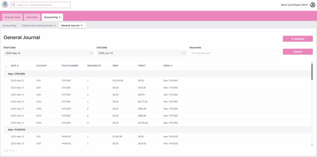 General Journal Screenshot from Finance Module