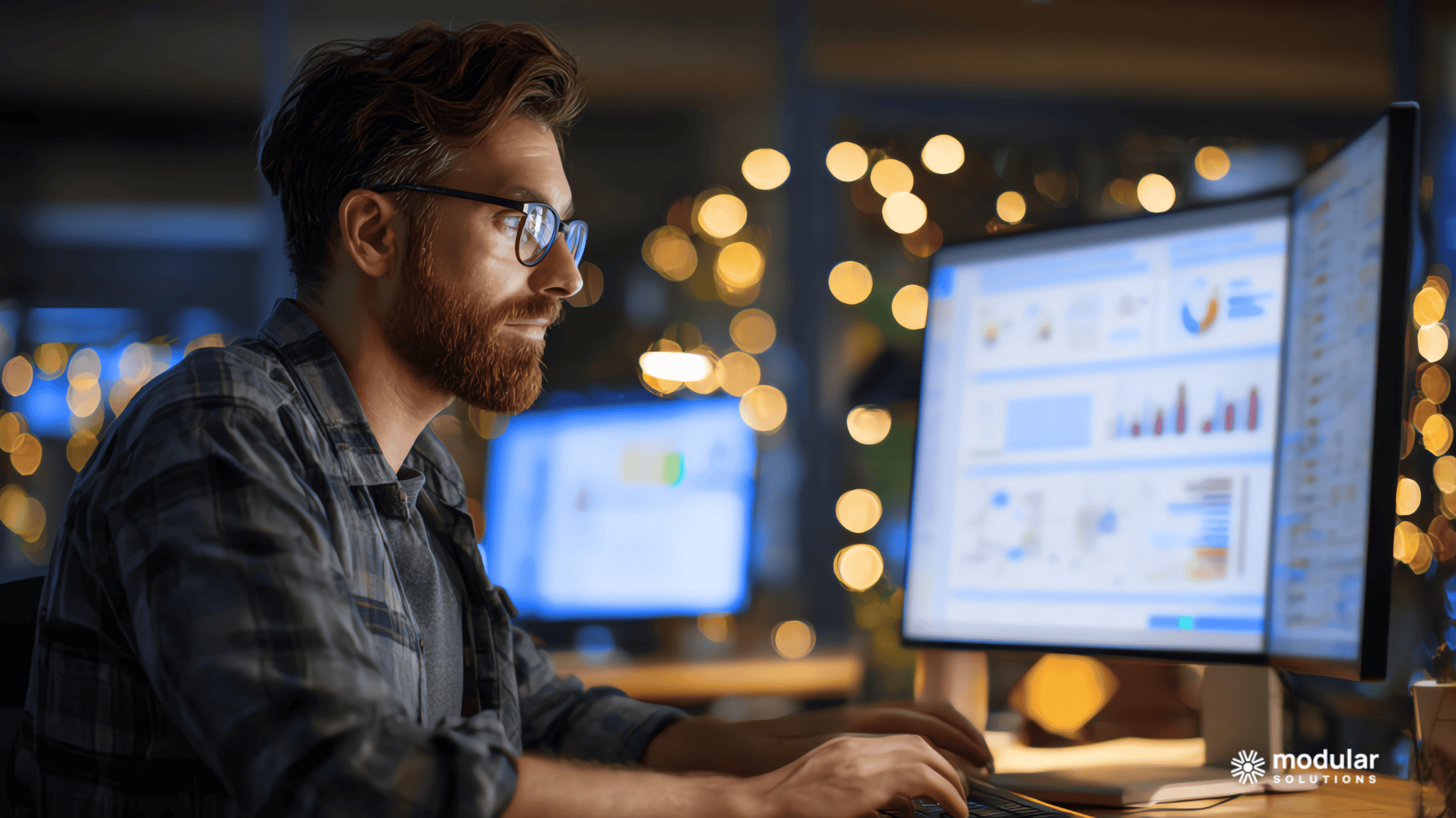 A man working on reporting dashboards at night.