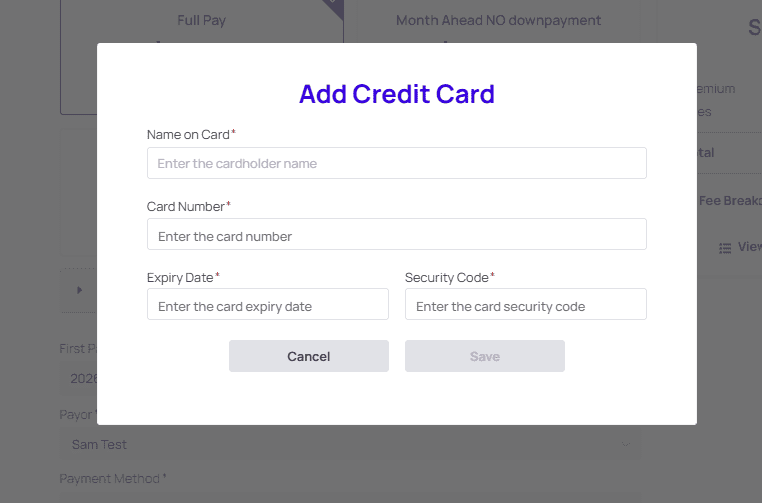 Enter credit card details payment screen in Modular Solutions