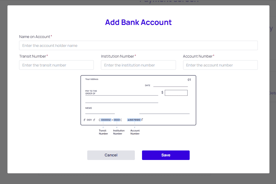 Bank account payment information screen in Modular Solutions platform